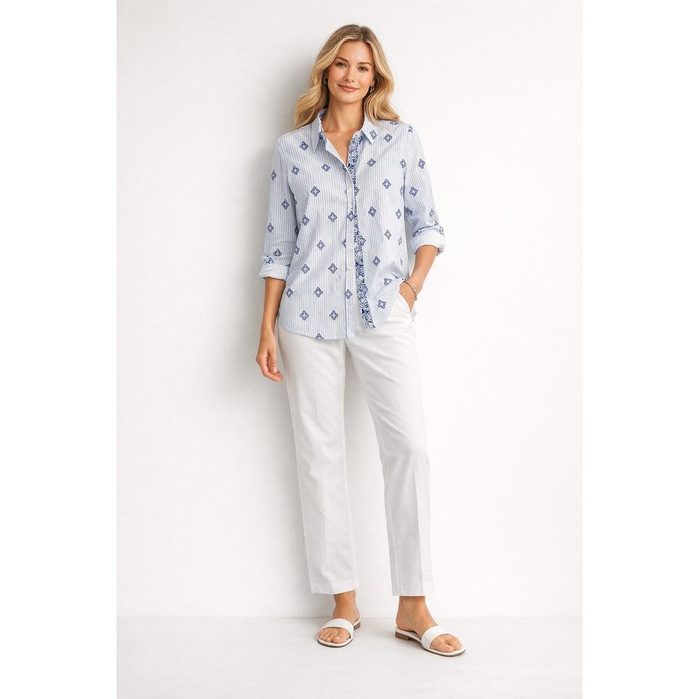 Chicos Blue White Stripe Print Button Shirt Size 1 810 Kim Rogers White Pants 12